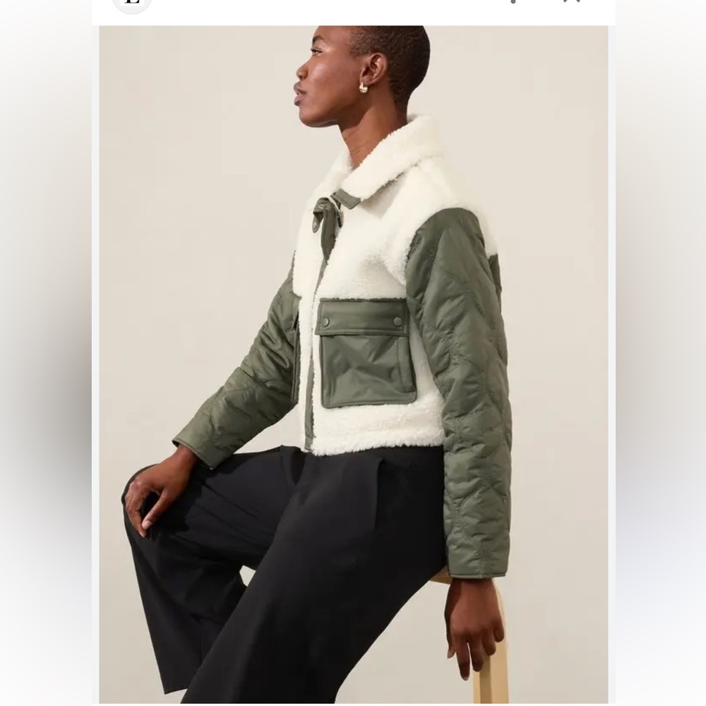 Athleta fleece hybrid jacket green cream cozy insulated commute office L NWT